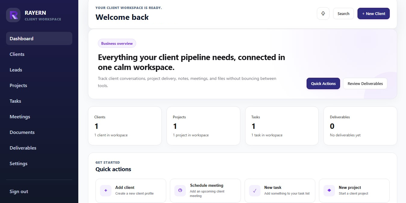 Rayern client workspace dashboard